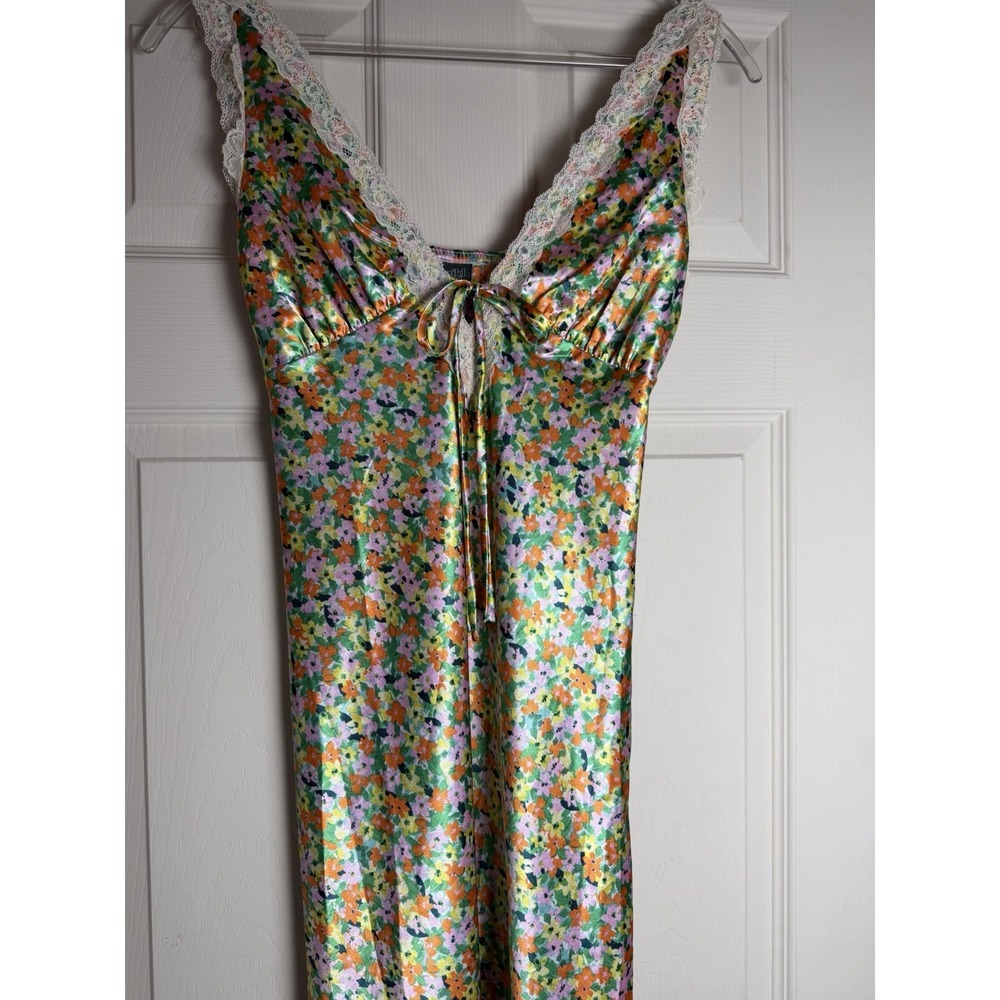 Wild Fable Women's XS Babydoll Top Lace Trim Ditsy Floral Satin Maxi Slip Dress